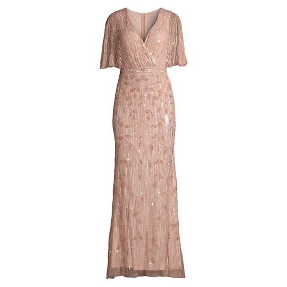 MAC DUGGLE EMBELLISHED CAP SLEEVE FAUX WRAP TRUMPET GOWN Size 14 NWT - Picture 1 of 12